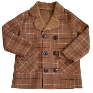 Shein Boys Brown Fleece Plaid Button-up Coat Sz 5Y-6Y